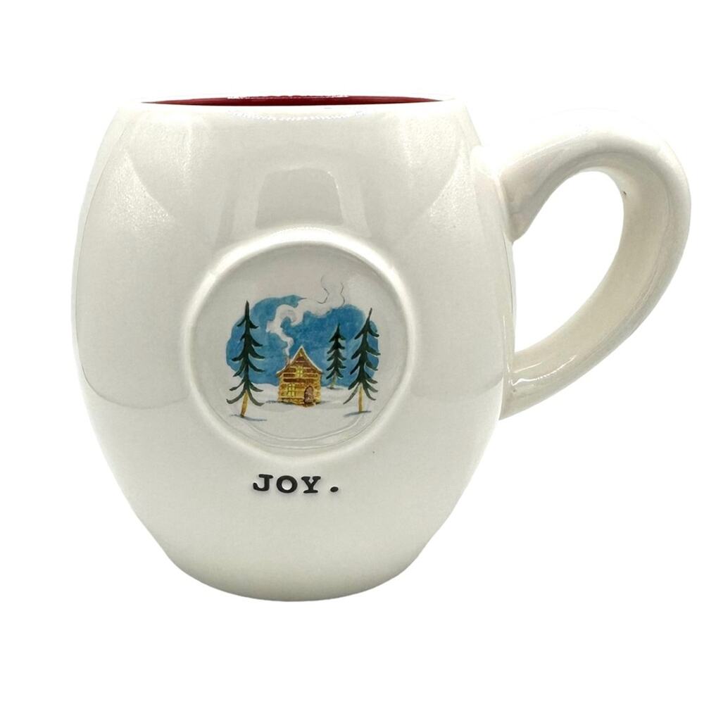 Rae Dunn Joy Mug Coffee Tea Artisan Collection Christmas Holiday Cabin Trees - Picture 1 of 5